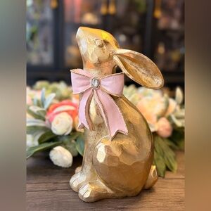 Elegant Gold Rabbit Figurine with Pink Bow ✨🎀 10.5” x 6”🐰